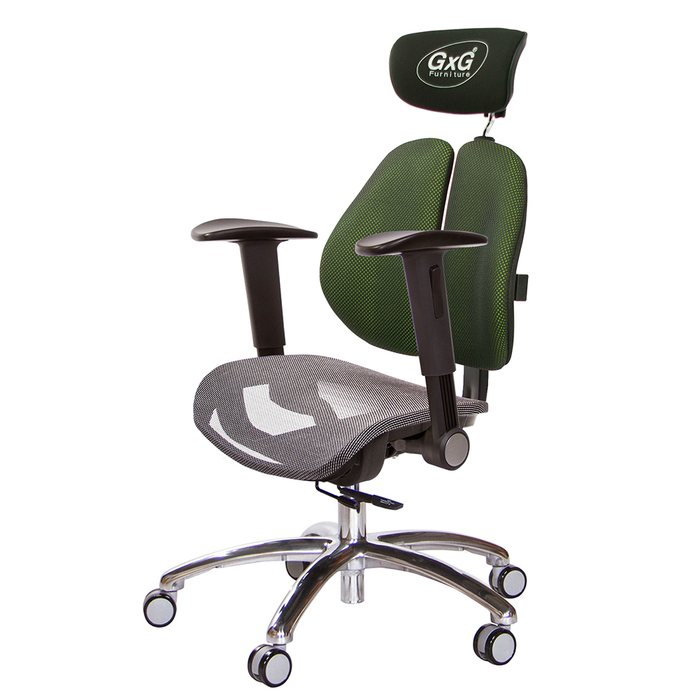 GXG 雙軸枕 雙背工學椅(鋁腳/摺疊升降扶手) 中灰網座 型號2706 LUA1