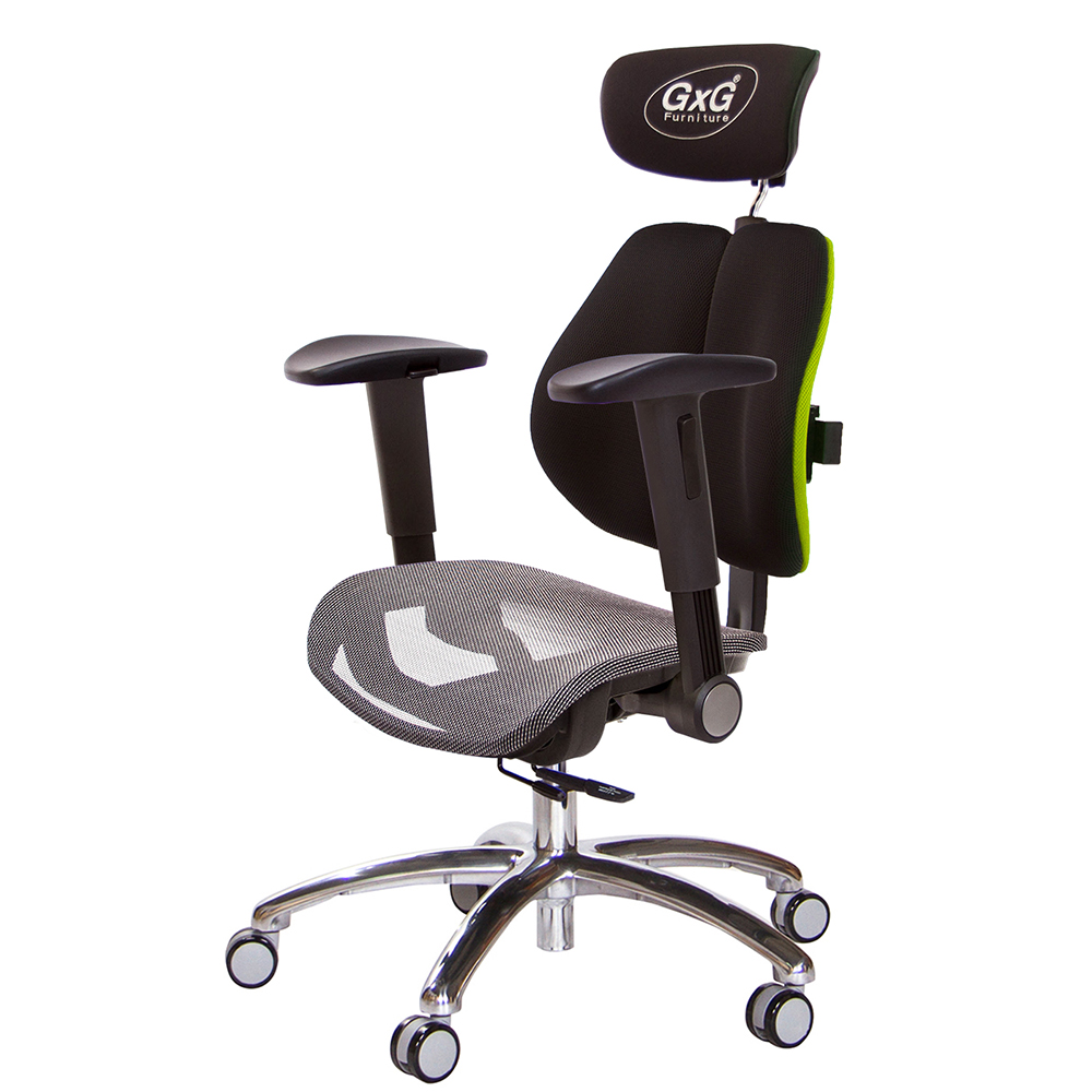 GXG 雙軸枕 雙背工學椅(鋁腳/摺疊滑面扶手) 中灰網座 型號2706 LUA1J
