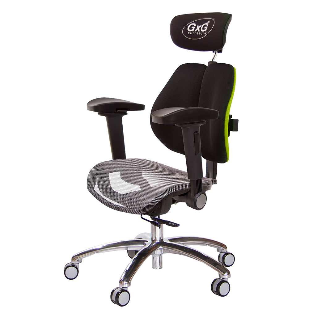 GXG 雙軸枕 雙背工學椅(鋁腳/4D弧面摺疊手) 中灰網座 型號2706 LUA1D